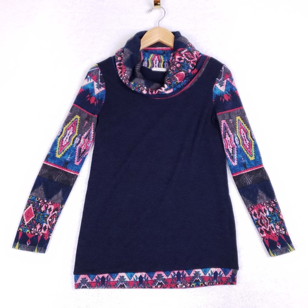 12PM by Mon Ami Aztec Print Cowl Neck Tunic Top‎ Small Navy Boho Fall Cozy